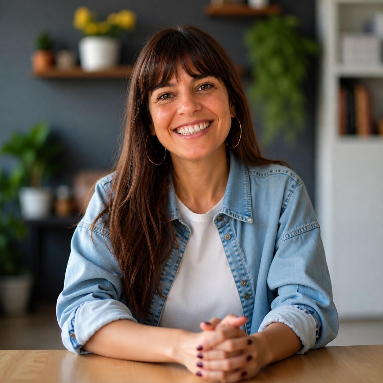 Educadora sorridente sentada à mesa, representando a gestão escolar.