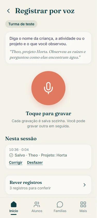 Tela "Registrar por voz" do Dupla, com o botão de gravar e um registro salvo na pasta do Theo, projeto Horta.