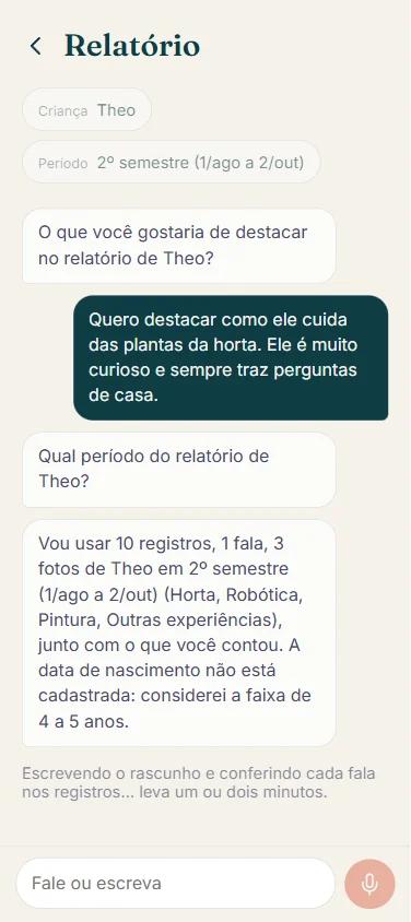 Tela "Relatório" do Dupla, preparando o rascunho do relatório do Theo a partir dos registros do semestre.