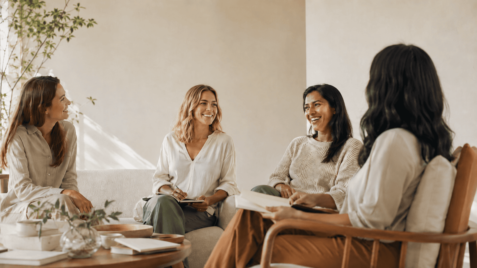 Quatro mulheres conversando e sorrindo, reunidas em uma sala iluminada.