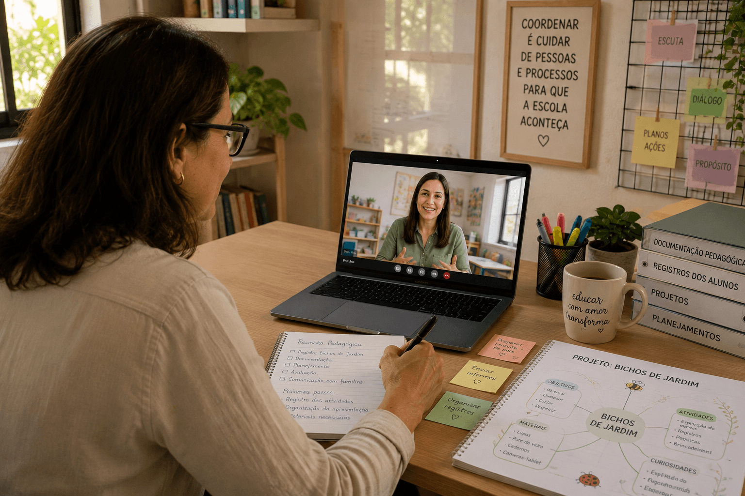 Coordenadora pedagógica em uma reunião online, acompanhando o trabalho de professores à distância.
