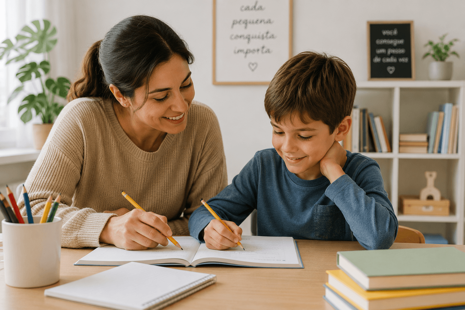 Mãe ajudando um menino com a lição de casa em uma mesa de estudos aconchegante.