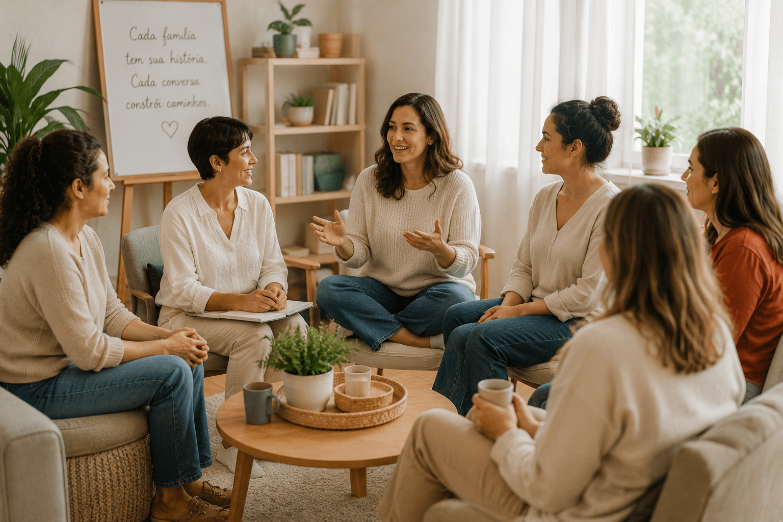 Roda de conversa com seis mulheres em uma sala de estar aconchegante.