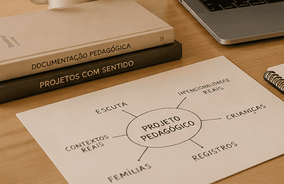 Mapa mental manuscrito sobre "Projeto Pedagógico" ao lado de um caderno de anotações e uma pilha de livros.
