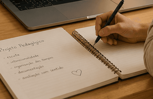 Mão escrevendo em um caderno aberto, com anotações de planejamento ao lado do computador.