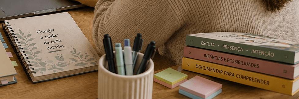 Caderno com a frase "Planejar é cuidar de cada detalhe", pote de canetas e pilha de livros sobre a mesa.